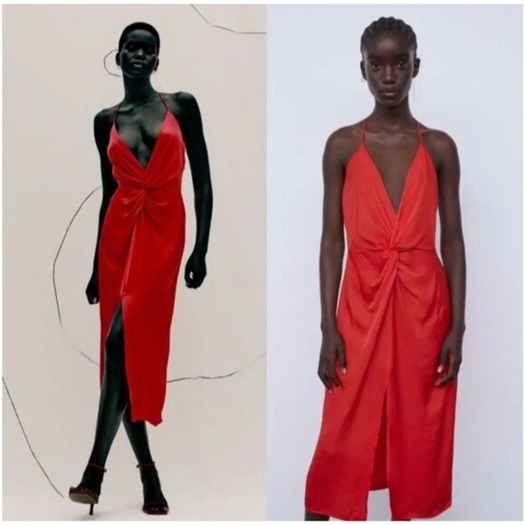 Zara Spain Red Satin Lingerie Slip Midi Dress Knotted Blogger Favorite NWT Sz M - Picture 2 of 11
